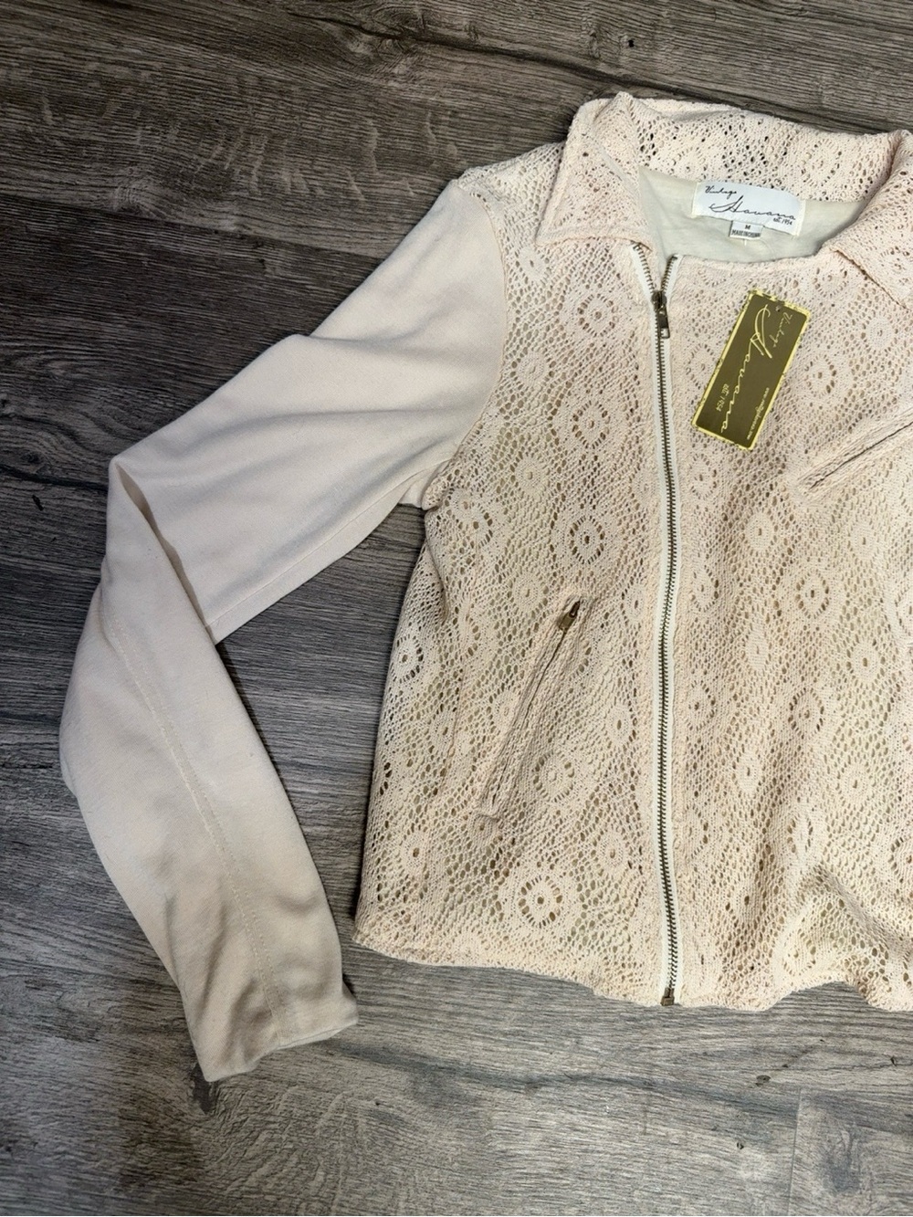 Vintage Havana Blush Lace Zip-Up Jacket Crochet Floral Size M Boho Chic - Picture 4 of 12